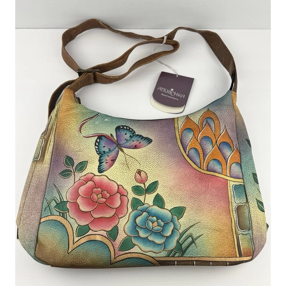 Anuschka Leather Handpainted Butterfly Floral Purse Handbag/Wristlet/Wallet NEW